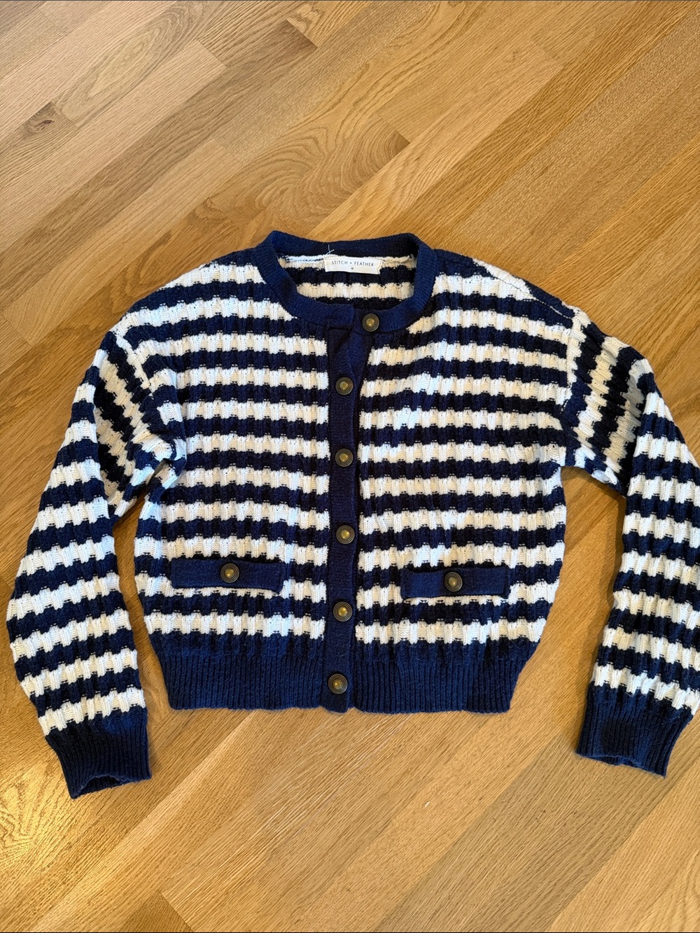 Striped Navy and White Knit Button-Front Cardigan for Women
